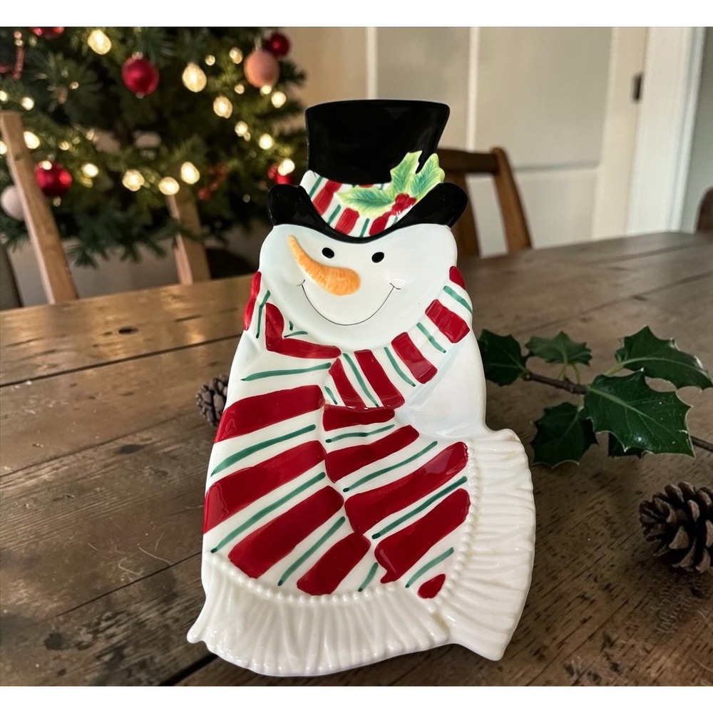 Fitz & Floyd Snack Therapy Snowman Candy Canape Serving Plate Bowl Christmas Fun